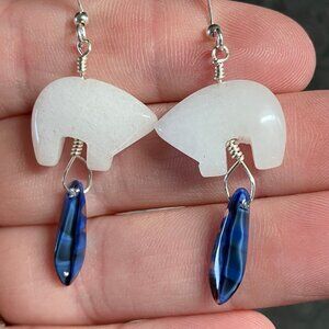 White Jade Zuni Bear and Blue Drop Dangly Earrings